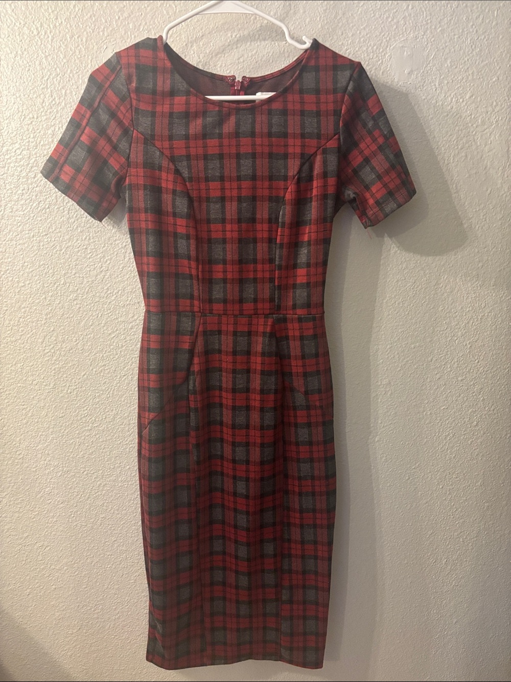 Unique Vintage Red and Black Plaid Fitted Midi Dress